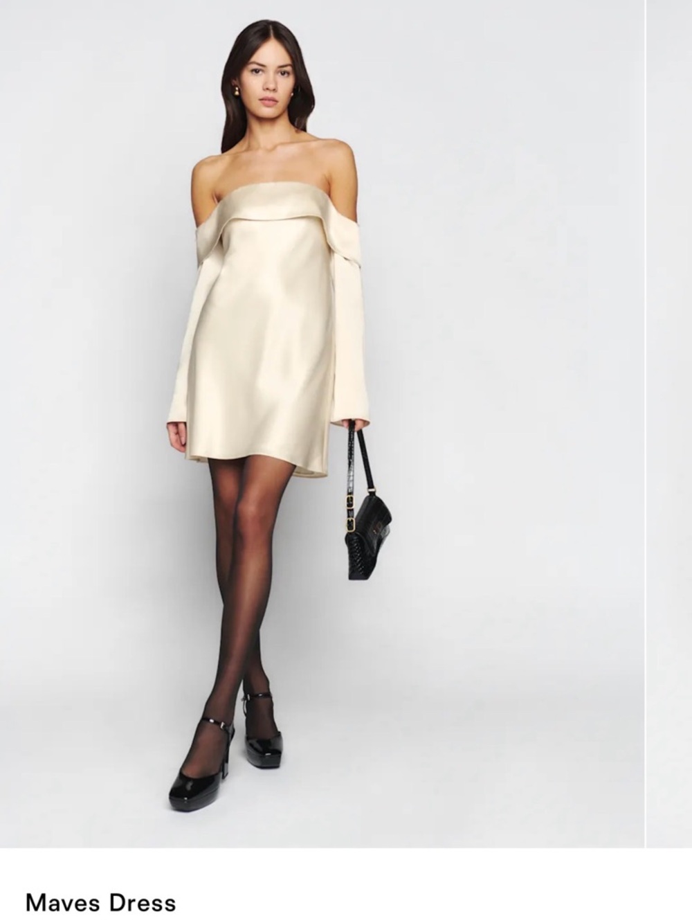 Reformation Maves Off-Shoulder Satin Mini Dress in Cream